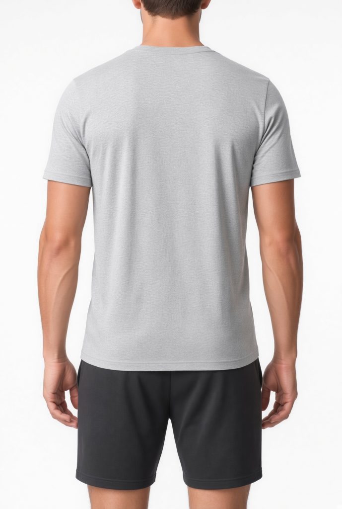 t-shirt-cinza-homem-costas-modelo T-shirt cinza heather de manga curta para homem, vista de costas no modelo, caimento natural e limpo