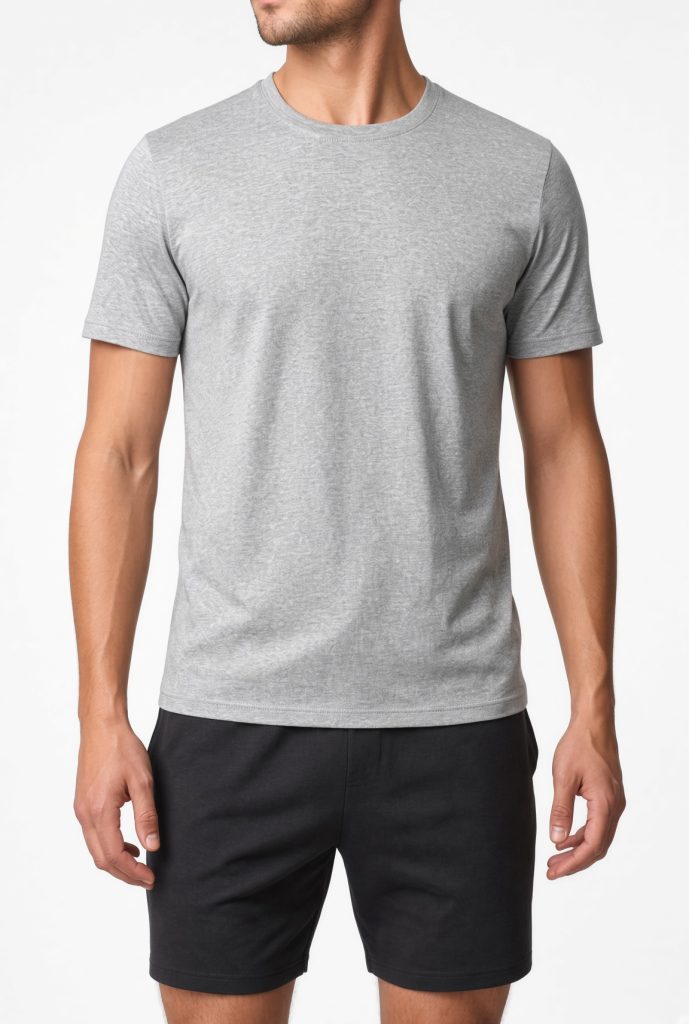 t-shirt-cinza-homem-frente-modelo T-shirt cinza heather de manga curta para homem, vista de costas no modelo, caimento natural e limpo